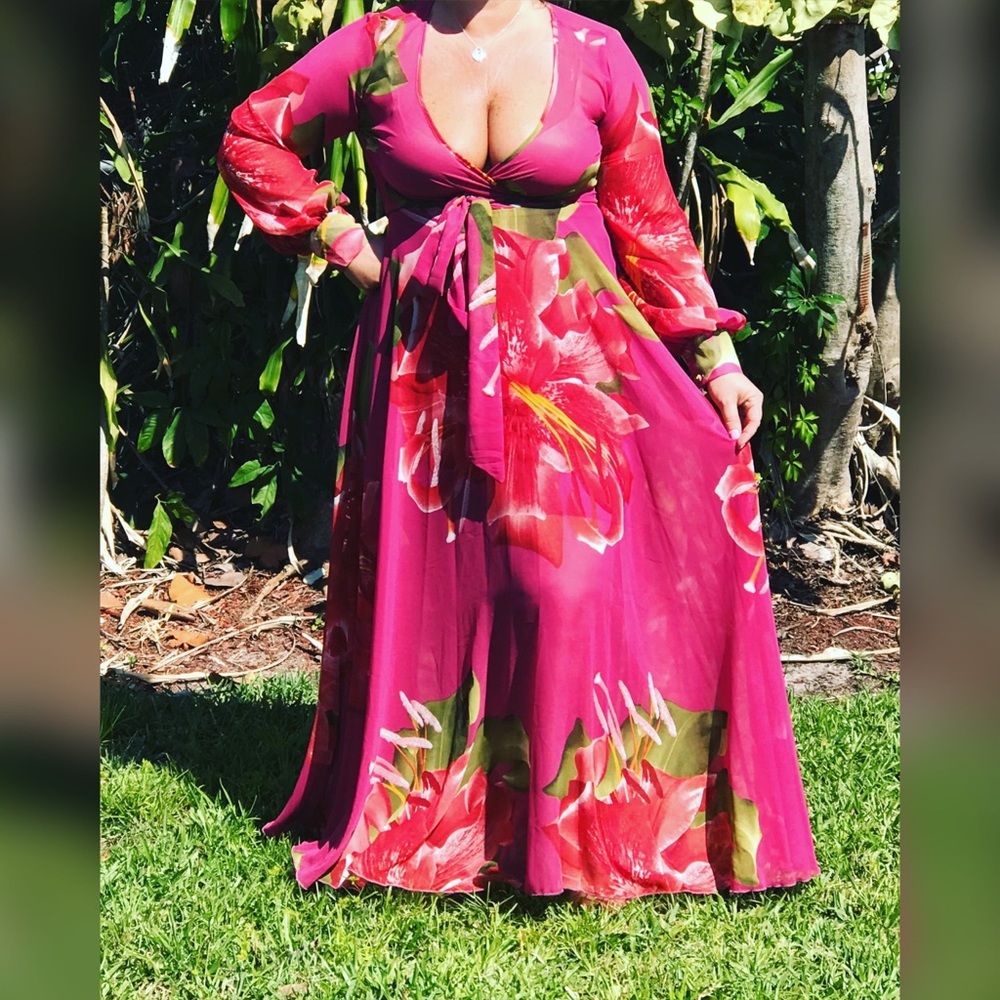 Pink Floral Maxi Dress 👗 Long Chiffon S M